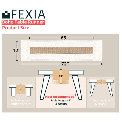 FEXIA Boho Table Runner for Fall Home Decor with Tassels 72 Inches Long Farmhouse Rustic Table Runner Macrame Burlap Table Decoration for Living Room Bridal Shower(12x72 Inches)
