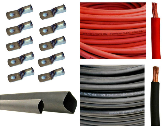 2 Gauge 2 AWG 10 Feet Red + 10 Feet Black Welding Battery Pure Copper Flexible Cable + 10pcs of 3/8" Tinned Copper Cable Lug Terminal Connectors + 3 Feet Black Heat Shrink Tubing