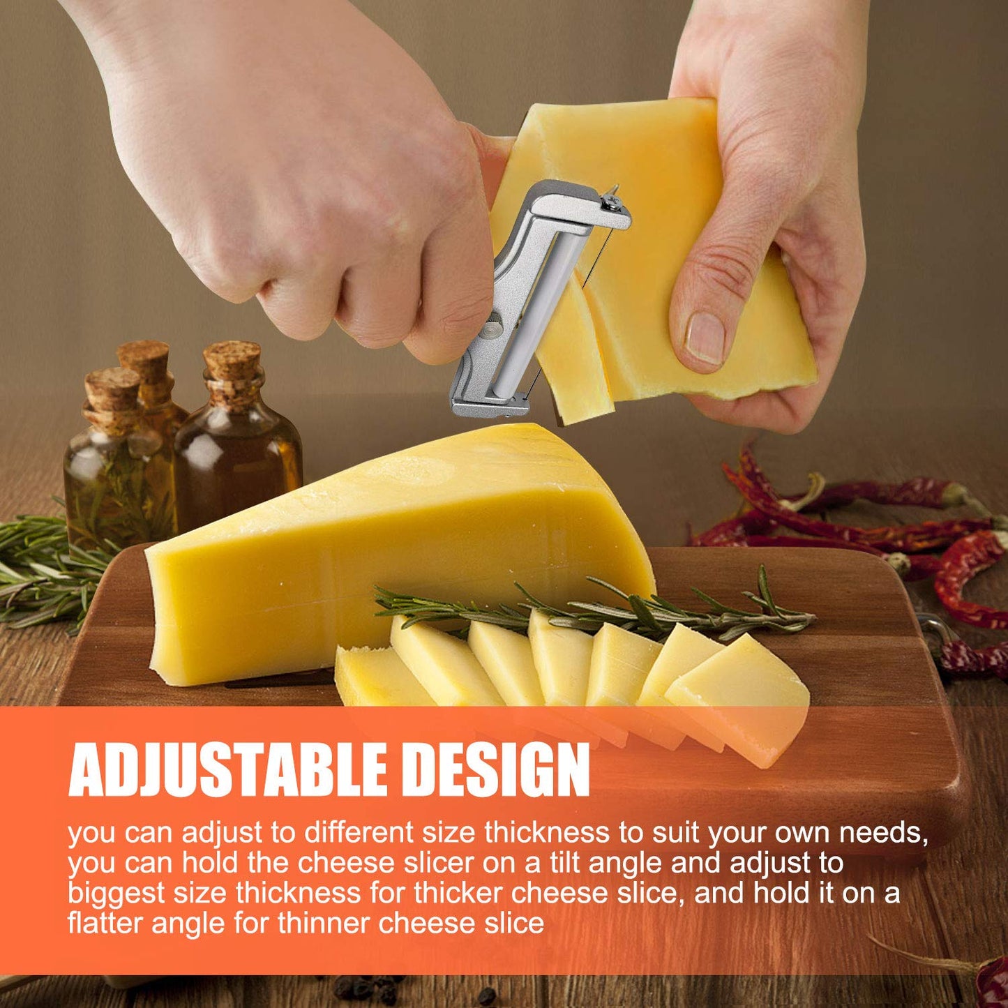 2 Pieces Stainless Steel Wire Cheese Slicer with Cheese Plane Tool, Adjustable Thickness Cheese Cutter for Soft, Semi-Hard, Hard Cheeses Kitchen Cooking Tool, Grey
