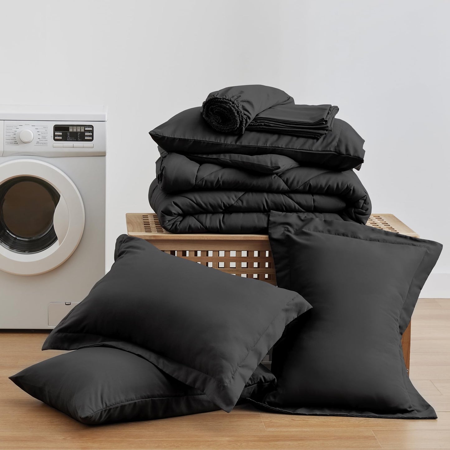 Love's cabin Queen Comforter Set Black, 7 Pieces Queen Bed in a Bag, All Season Bedding Sets with 1 Comforter, 1 Flat Sheet, 1 Fitted Sheet, 2 Pillowcase and 2 Pillow Sham