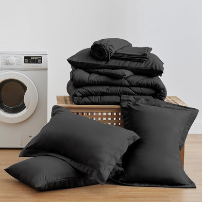 Love's cabin Queen Comforter Set Black, 7 Pieces Queen Bed in a Bag, All Season Bedding Sets with 1 Comforter, 1 Flat Sheet, 1 Fitted Sheet, 2 Pillowcase and 2 Pillow Sham