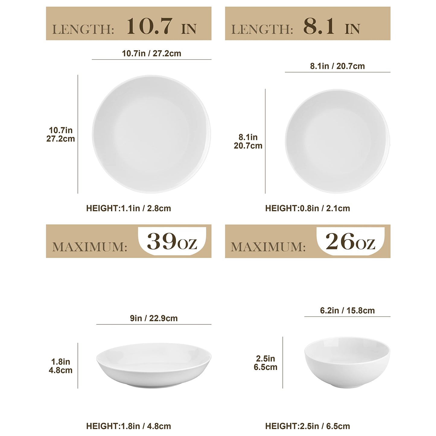 MALACASA 24-Piece Gourmet Porcelain Dinnerware Sets, Modern White Round Dish Set for 6 - Premium Serving Plates and Bowls Sets for Dessert, Salad, Soup, Pasta - Series AMELIA