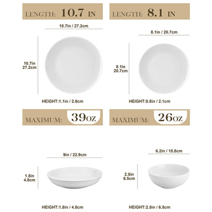 MALACASA 24-Piece Gourmet Porcelain Dinnerware Sets, Modern White Round Dish Set for 6 - Premium Serving Plates and Bowls Sets for Dessert, Salad, Soup, Pasta - Series AMELIA