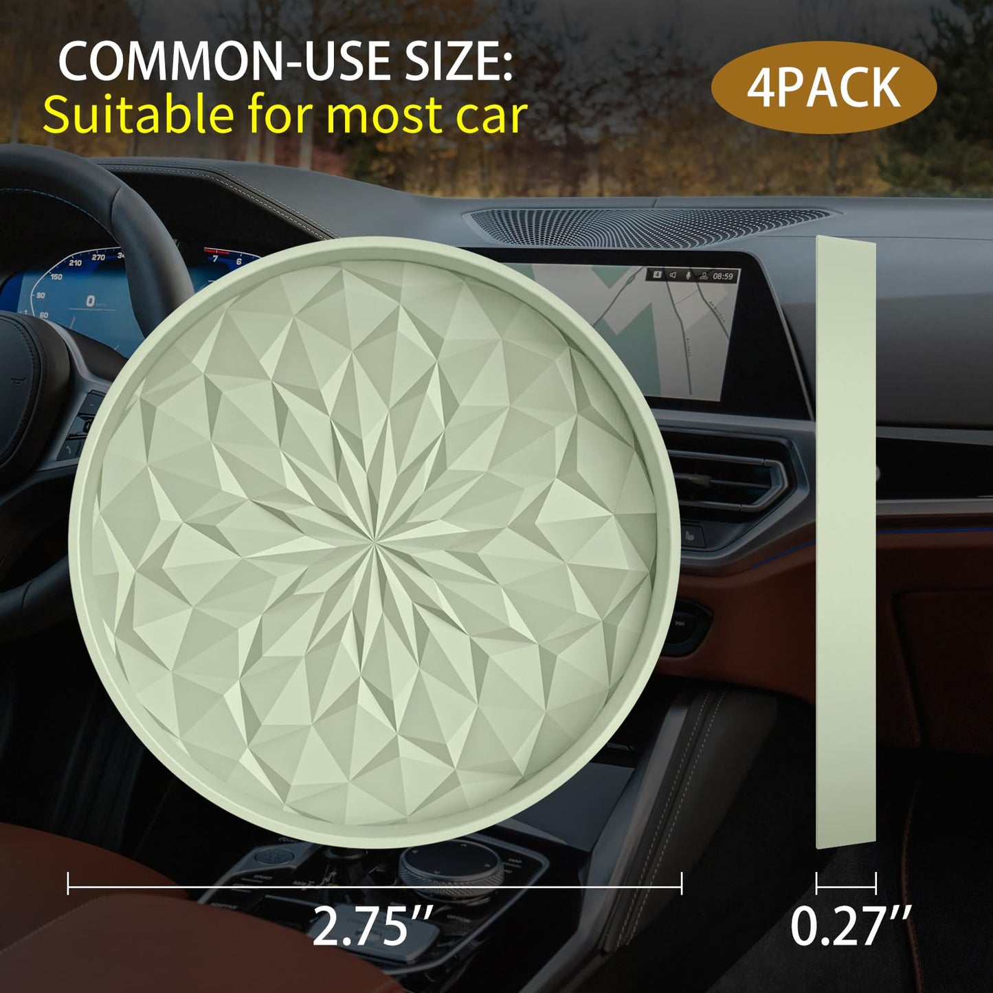 ME.FAN Car Coasters for Cup Holders [4 Pack] - 2.75In Silicone Auto Mug Mats - Universal Non-Slip Recessed Car Interior AccessoriesDesert Sage