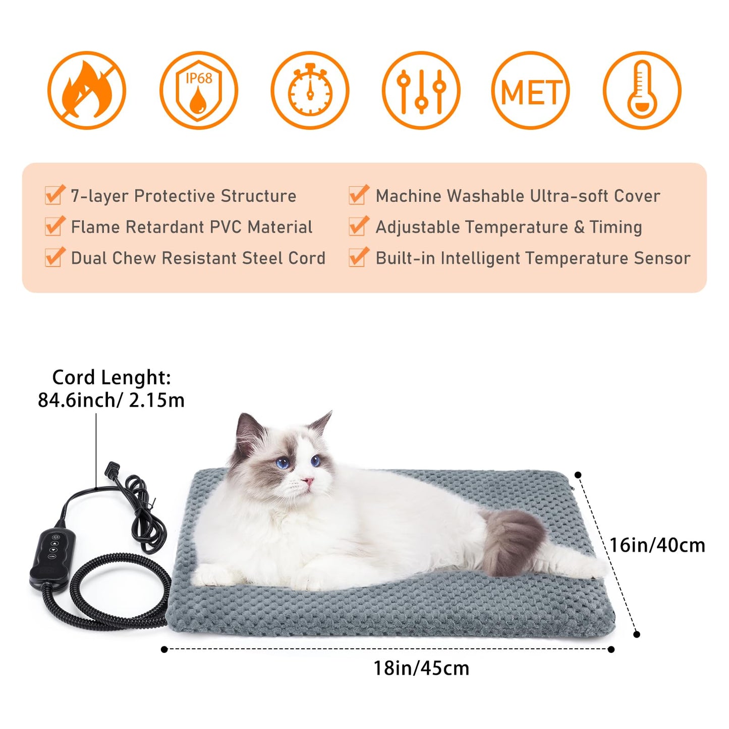 INVENHO Heated Cat Bed, Waterproof Adjustable Temperature Dog Cat Heating Pad with Timer, Indoor Pet Heating Pad for Cats Dogs Electric Pads for Dogs Cats, Pet Heated Pad (S: 18" x 16")