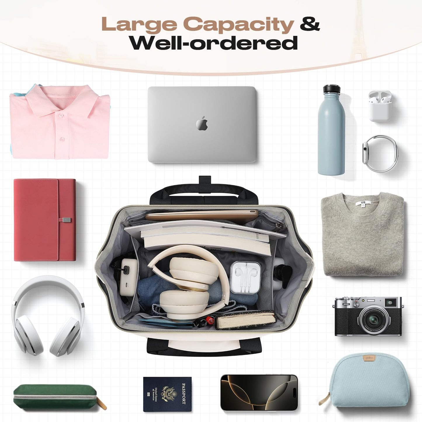 Maelstrom Travel Backpack for Women Men,Laptop Backpack Fits 15.6-17.3 Inch Laptop, Nurse/Teacher/Work Bag with Insulated Lunch Box,Water Resistant Carry On Backpack,Black-Beige