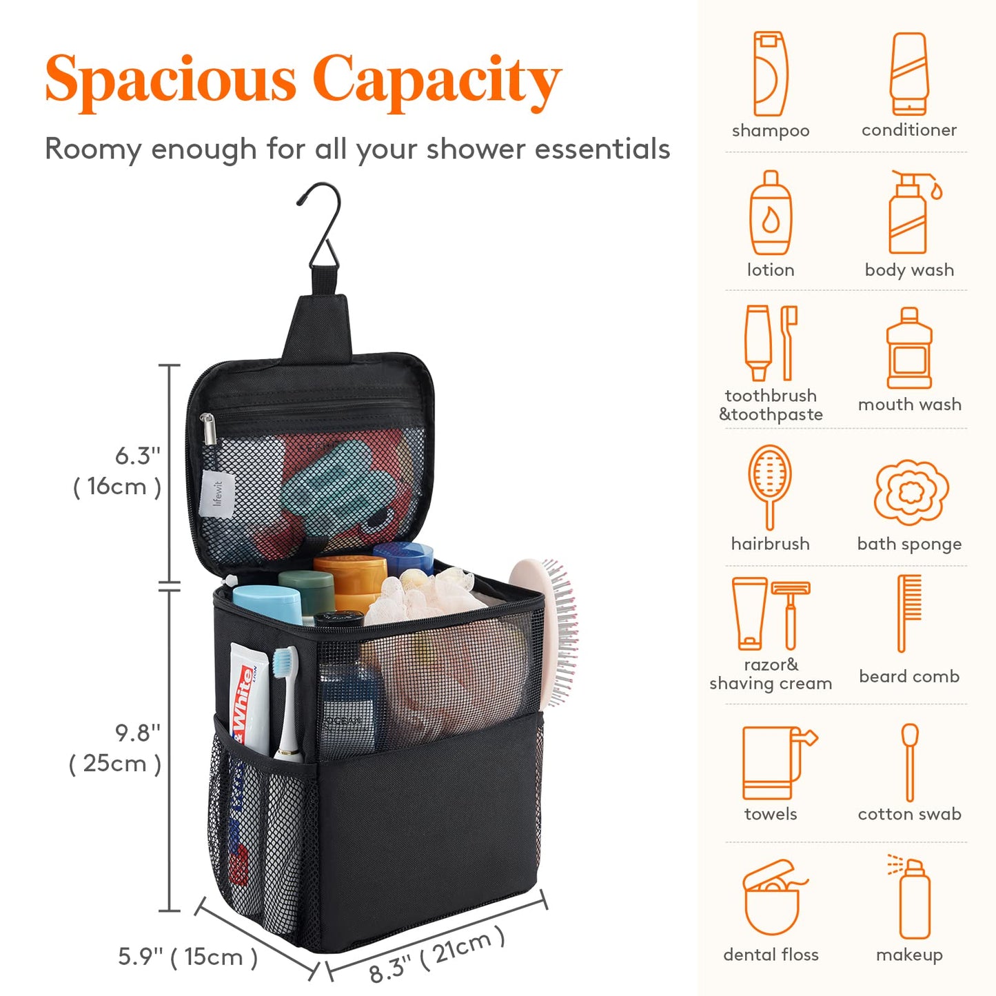 Lifewit Mesh Shower Caddy Bag Portable College Dorm Room Essentials Caddy Tote Basket for Bathroom, Gym, Travel, Camping Quick Dry Hanging Shower Organizer Toiletry Bag for Women Wen, Medium, Black