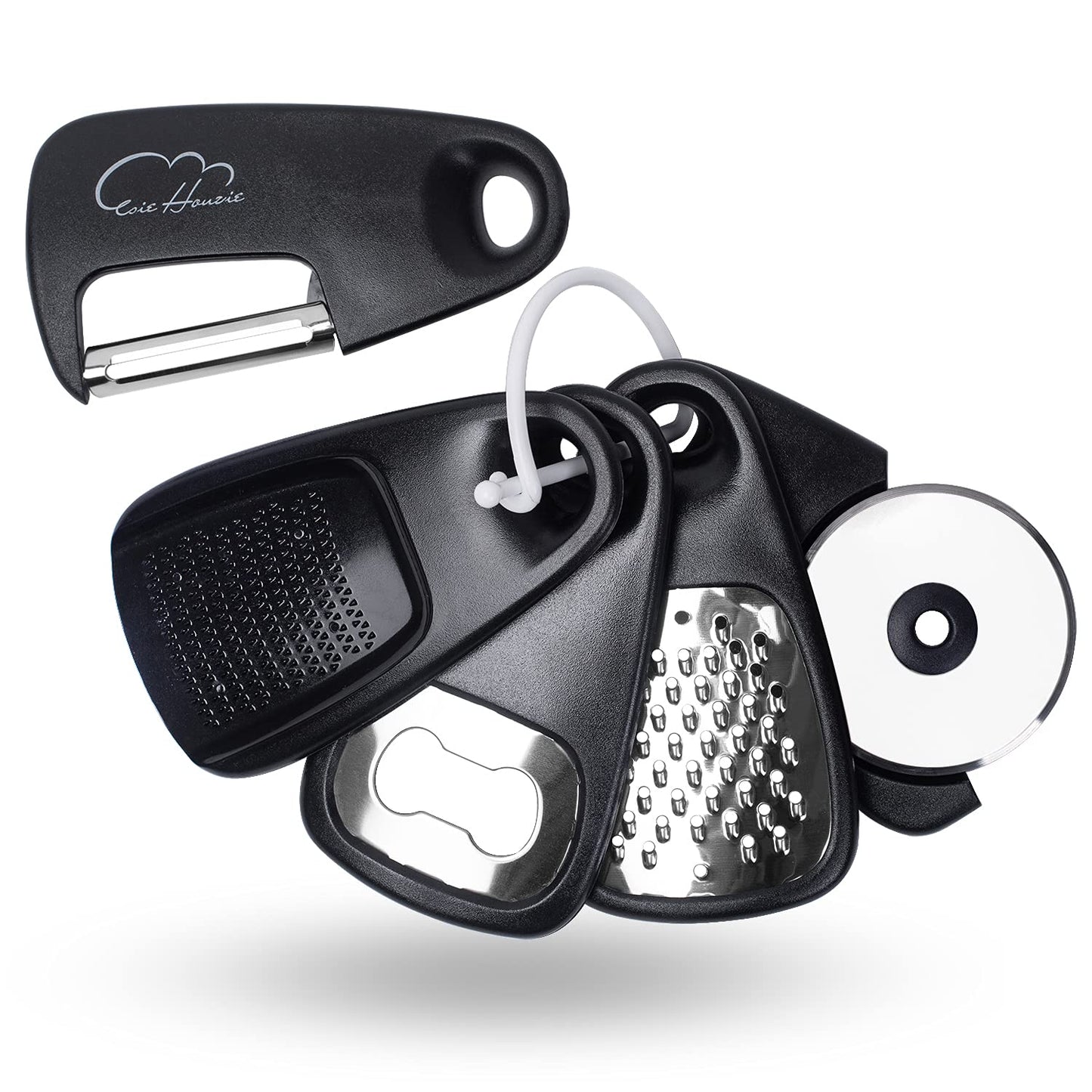 Kitchen Gadgets Set 5 Pieces, Space Saving Cooking Tools Kitchen Accessories - Fruit/Vegetable Peeler, Cheese/Chocolate Grater, Bottle Opener, Pizza Cutter, Garlic/Ginger Grinder Gift Set (Black)