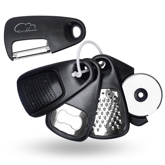 Kitchen Gadgets Set 5 Pieces, Space Saving Cooking Tools Kitchen Accessories - Fruit/Vegetable Peeler, Cheese/Chocolate Grater, Bottle Opener, Pizza Cutter, Garlic/Ginger Grinder Gift Set (Black)