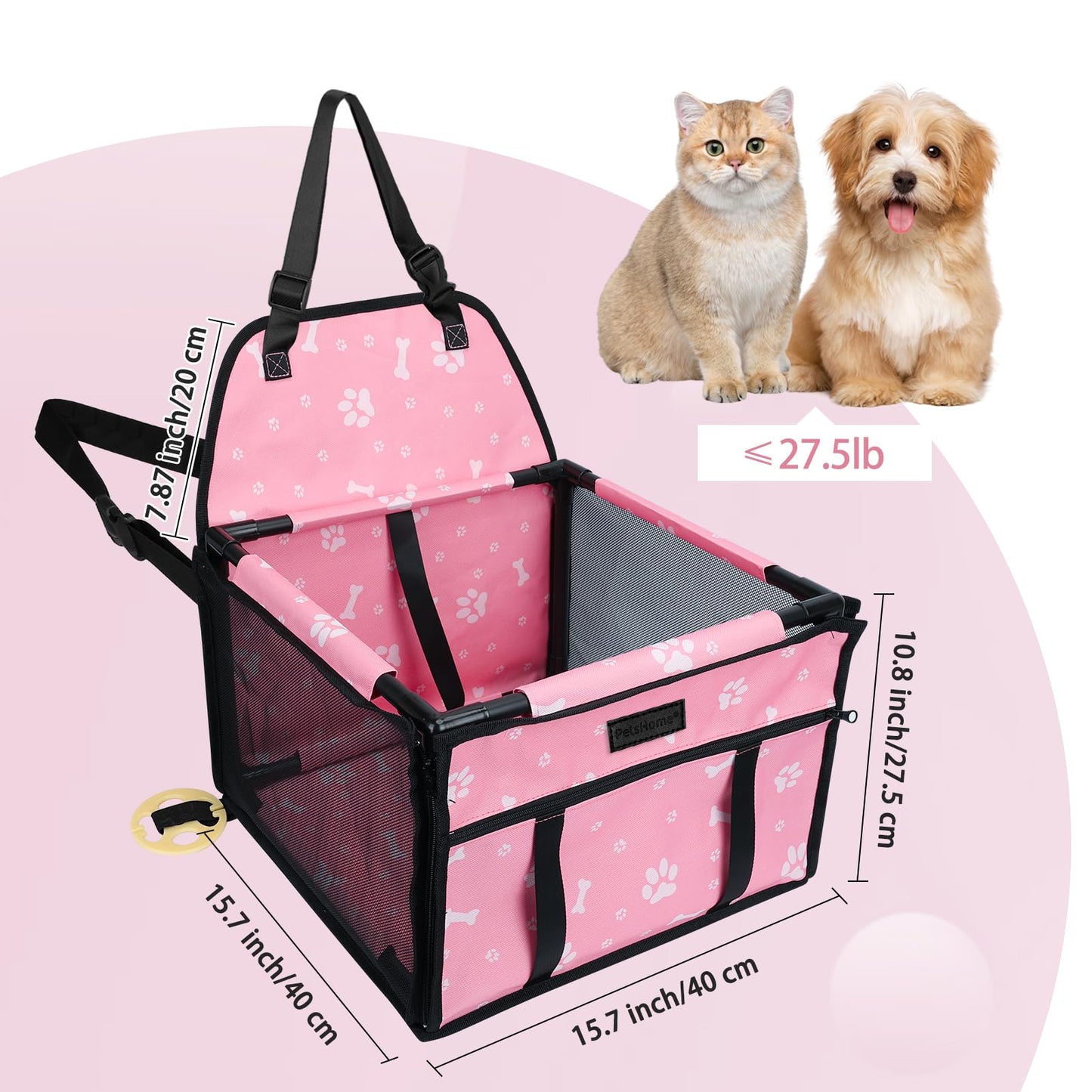 PetsHome Dog Car Seat Foldable Dog Car Booster Seat Waterproof Breathable Oxford Travel Bag for Small to Medium Dogs, Puppies, and Pets-Pattern Pink-Upgrade
