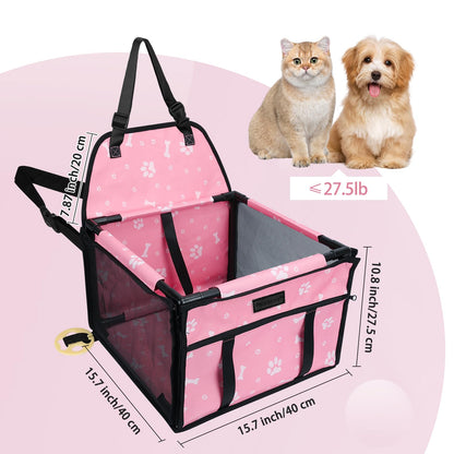 PetsHome Dog Car Seat Foldable Dog Car Booster Seat Waterproof Breathable Oxford Travel Bag for Small to Medium Dogs, Puppies, and Pets-Pattern Pink-Upgrade