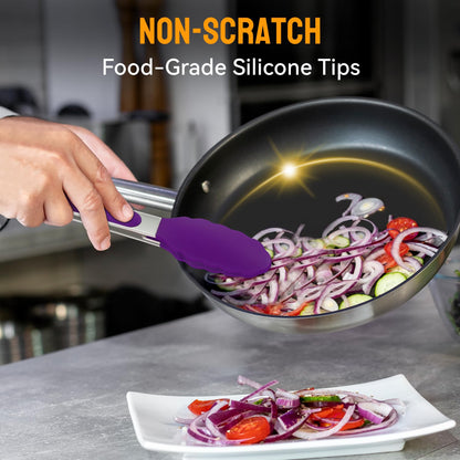 HOTEC Premium Stainless Steel Locking Kitchen Tongs with Silicon Tips, Set of 3-7", 9" and 12" (Purple)