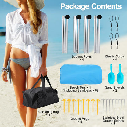 Rhino Valley Beach Tent, 10 x 10 FT Beach Shade UPF50+ Protection, Beach Canopy with 8 Sandbags 4 Stability Poles, Outdoor Beach Tent Sun Shelter Umbrella for Sand,Camping,Fishing Essentials, Sky Blue