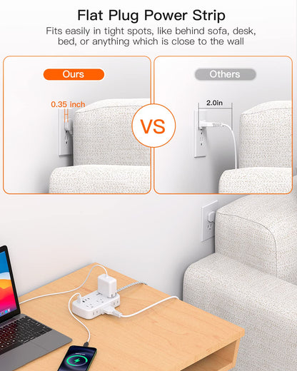 Extension Cord 25 Ft, Flat Plug Power Strip with 6 Outlets with 4 USB Ports(2 USB C), Wall Mount Charging Station, No Surge Protector for Home Office College Dorm Room Travel Essentials