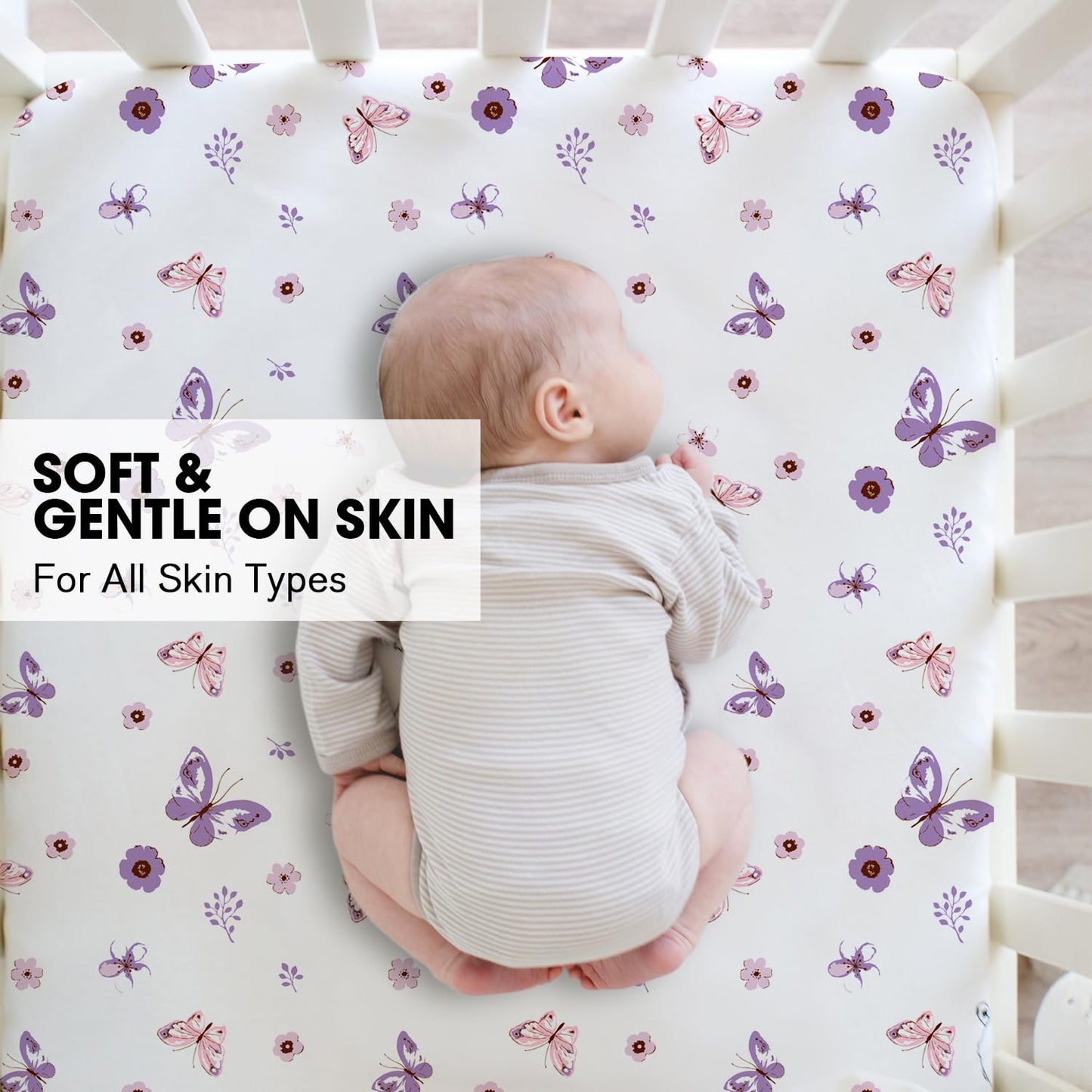 Little Grape Land Crib Sheets for Boys and Girls, 2pk Baby Crib Fitted Sheet for Standard Size Crib and Toddler Mattress, Super Soft Baby Sheet (Purple Butterfly)