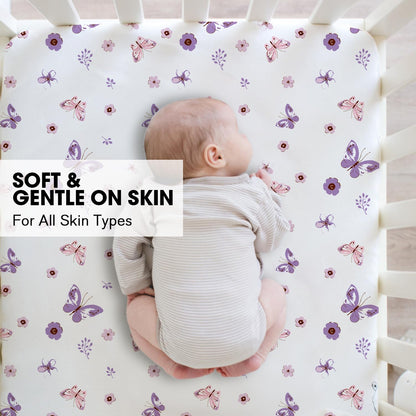 Little Grape Land Crib Sheets for Boys and Girls, 2pk Baby Crib Fitted Sheet for Standard Size Crib and Toddler Mattress, Super Soft Baby Sheet (Purple Butterfly)