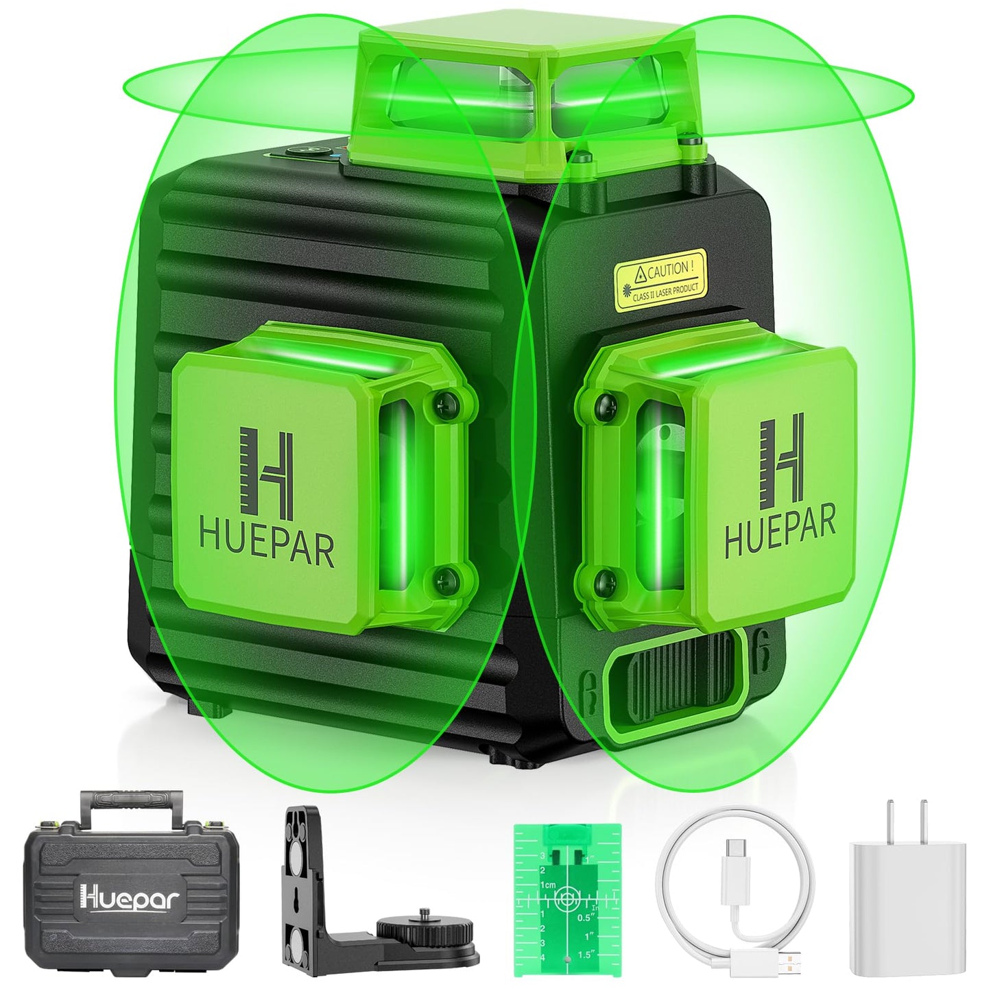 Huepar Laser Level 360 Self Leveling, 3 x 360° High Brightness Cross Line Laser for Construction and Picture Hanging, 12 Green Laser Level Tool with 5200 mAh Rechargeable Battery & Hard Carry Case