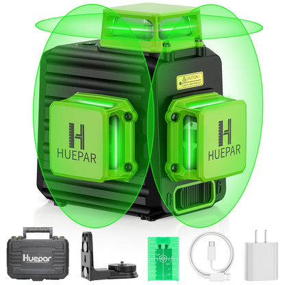 Huepar Laser Level 360 Self Leveling, 3 x 360° High Brightness Cross Line Laser for Construction and Picture Hanging, 12 Green Laser Level Tool with 5200 mAh Rechargeable Battery & Hard Carry Case