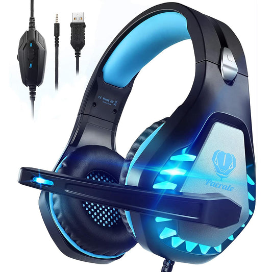 Gaming Headset with Microphone for PC, PS4, PS5, Headset Noise Cancelling Gaming Headphones for Switch, Laptop, Mac, Xbox Series X/S, Headphones with LED Lights, Deep Bass for Kids Adults, Black Blue