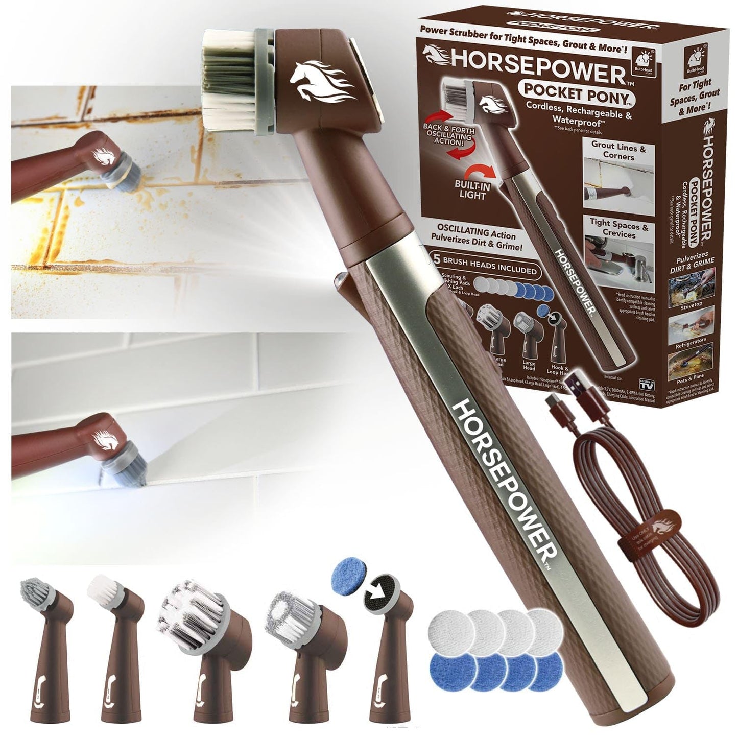 Horsepower Pocket Pony, AS-SEEN-ON-TV, Waterproof, Cordless, Pocket-Sized, Oscillating Power Scrubber, Deep Clean, Tight Spaces, Rechargeable, Grout Lines, Corners & Detailing, 5 Brush Heads & LED