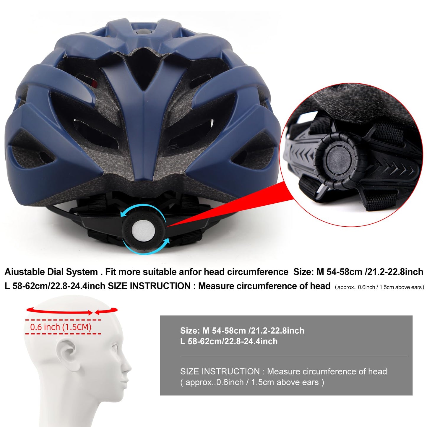 Adult Bike Helmets, Adjustable Mens Womens Bicycle Helmet, Lightweight Road Mountain Cycling Safety Sports Helmets with Detachable Visor Navy Blue L