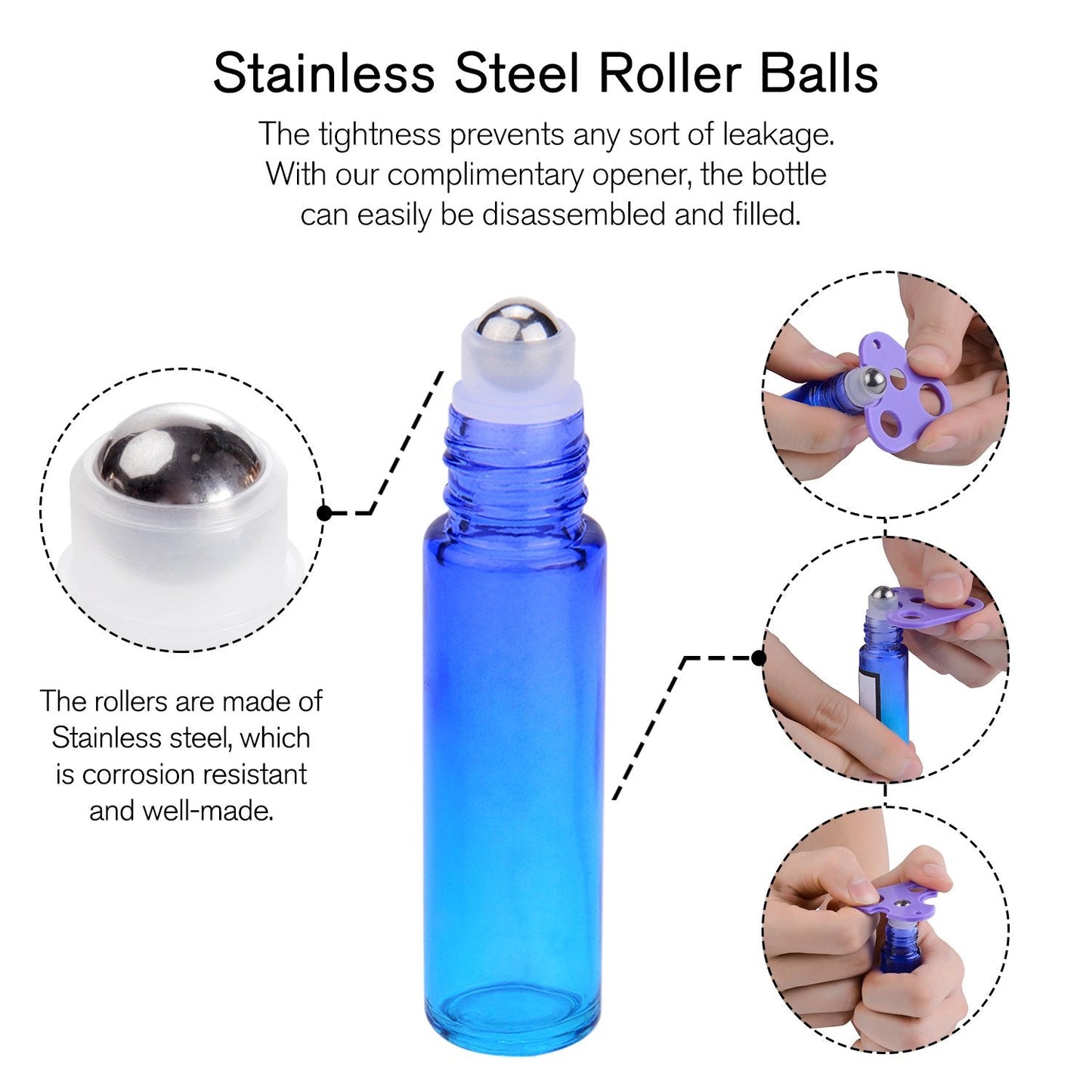 PrettyCare 12 Pack, 10 ml Essential Oil Roller Bottles with Stainless Steel Roller Ball - Refillable Leak-proof Empty Thick Rainbow Glass Roll on Bottles with Metal Caps for Travel, Perfume