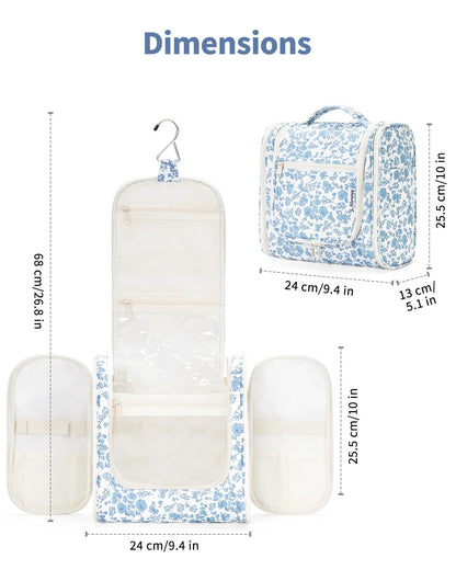 Narwey Hanging Toiletry Bag for Women Travel Makeup Bag Organizer Toiletries Bag for Cosmetics Essentials Accessories (Large, Little Blue Flower)
