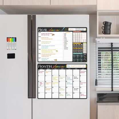 Magnetic Dry Erase Monthly Calendar and Menu Board - 17"x12" Monthly Planner and Meal Planning Board for Fridge - 6 Extra Fine Point Markers Included - Shipped Flat