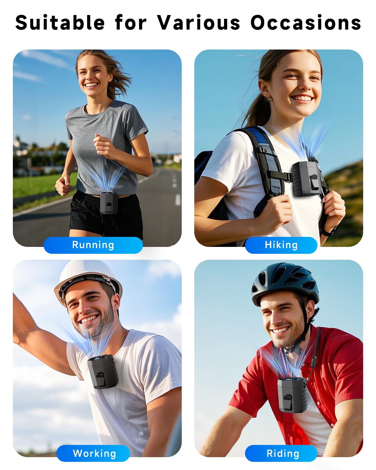 JKBOOM 2025 Smart Portable Rechargeable Fan with LED Light & 25H Runtime, 4-Speed 9200RPM Turbo Cooling Personal Waist Fan, Wearable Neck & Belt Clip for Camping, Outdoor, Hiking - Black