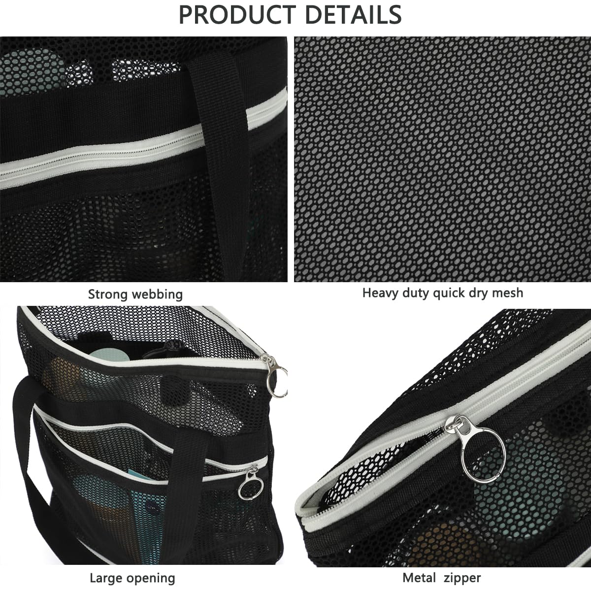 GYEUKHAM Mesh Shower Caddy Portable Shower Bag for Travel, Gym, Camping – Quick-Dry Hanging Toiletry Organizer with Zipper Pockets for Bathroom Essentials,Black