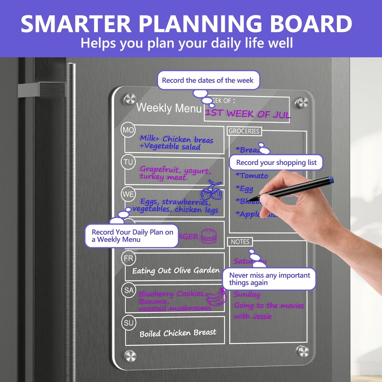 16''x12'' Acrylic Meal Planner Magnetic Menu Board for Kitchen Fridge, Clear Weekly Calendar Planning Board Noteboard Dry Erase Board to Do/Grocery/Shopping List/Chore Chart Includes 6 Markers