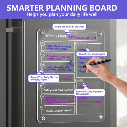 16''x12'' Acrylic Meal Planner Magnetic Menu Board for Kitchen Fridge, Clear Weekly Calendar Planning Board Noteboard Dry Erase Board to Do/Grocery/Shopping List/Chore Chart Includes 6 Markers