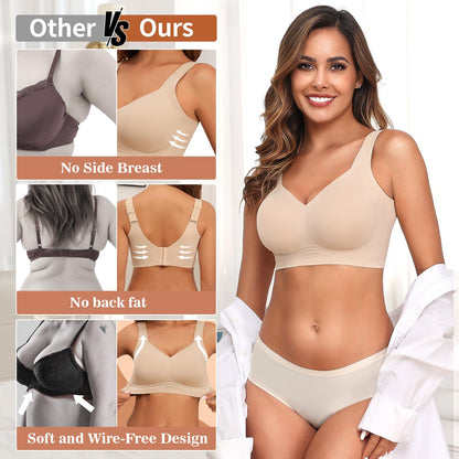 PoseFree Womens Bras No Underwire Full Support Back Fat Smoothing Bralette Wireless Push Up Plus Size Sports Bra (Nude,L)