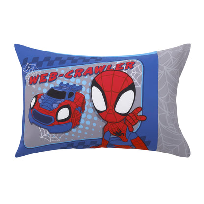NoJo Marvel Spiderman Spidey and his Amazing Friends Spidey Time Red, Blue, and Grey 4 Piece Toddler Bed Set - Comforter, Fitted Bottom Sheet, Flat Top Sheet, and Reversible Pillowcase