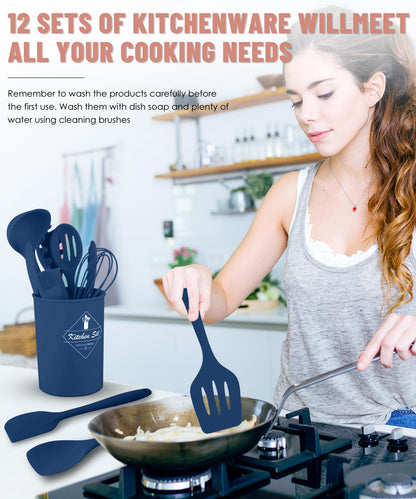 Kitchen Utensils Set-12 Pieces Silicone Cooking Utensils Set (Dishwasher Safe) 392°F Heat Resistant Spatula Set,Kitchen Utensil Set for Nonstick Cookware,Best Kitchen Tools with Holder