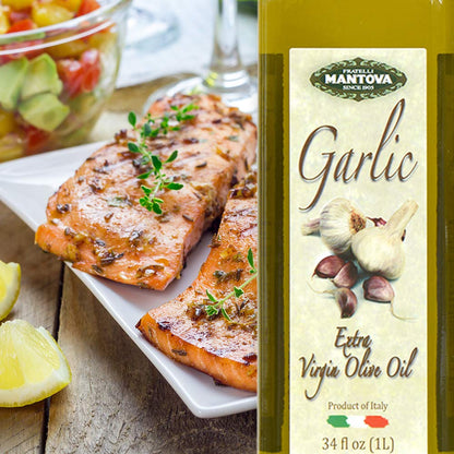 Mantova Garlic Extra Virgin Olive Oil (EVOO) - Cold-Pressed, Premium Quality, Imported from Italy - Perfect for Topping Salads, Vegetables, Pasta Salad, Dipping Italian Bread, or Pan-Frying (Pack of 1)
