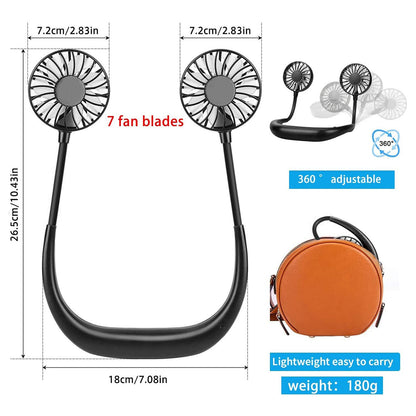 RJVW Portable Neck Fan, Hand Free Personal Hanging Neck Sports Fan USB Rechargeable (3 Speed Adjustable) Wearable Cooling Head Fan,360 Degree Free Rotation for Traveling, Sports, Office, Reading