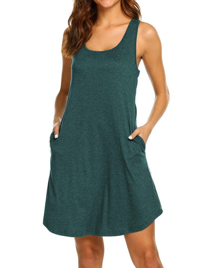LuckyMore Dresses for Women Casual Summer with Pockets Loose Fit Sleeveless Tunic Dress with Pockets Dark Green, M