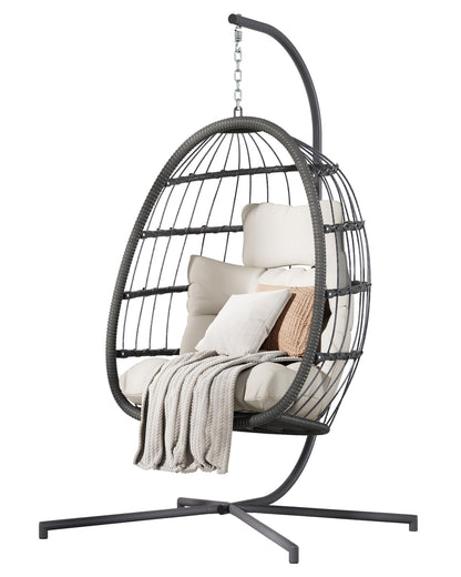 HWB Hanging Egg Chair with Stand, Patio Wicker Hammock Egg Swing Chair with Cushion for Bedroom Garden Indoor Outdoor (Beige)