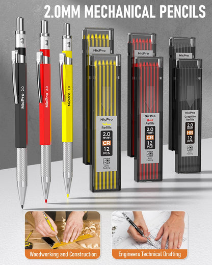 Nicpro 31 Pack Carpenter Pencil Set with Sharpener, Mechanical Carpenter Pencils with 128PCS Refills and Carbide Scribe Tool, Heavy Duty Construction Pencils for Architect Woodworking-With Canvas Case