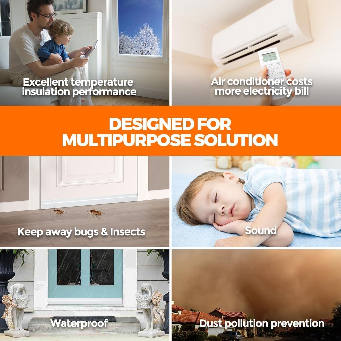 Holikme 2 Pack Door Draft Stopper Sheets, Rolls & Strips Under Door Draft Blocker Insulator Doors Sweep Weather Stripping Noise Stopper Strong Adhesive, White