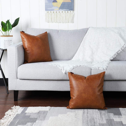 MANDIOO Set of 2 Faux Leather Decorative Throw Pillow Covers Modern Solid Outdoor Cushion Cases Luxury Pillowcases for Couch Sofa Bed 22x22 Inches Brown