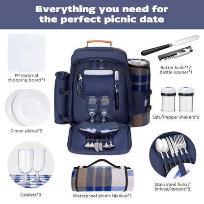 24L Insulated Picnic Basket Leak Proof Picnic Backpack for 2, Blue Camping Gifts, Cool Bridal Shower Gifts for Bride and Groom, Mr and Mrs, Anniversary Engagement Wedding for Newly Engaged Couples