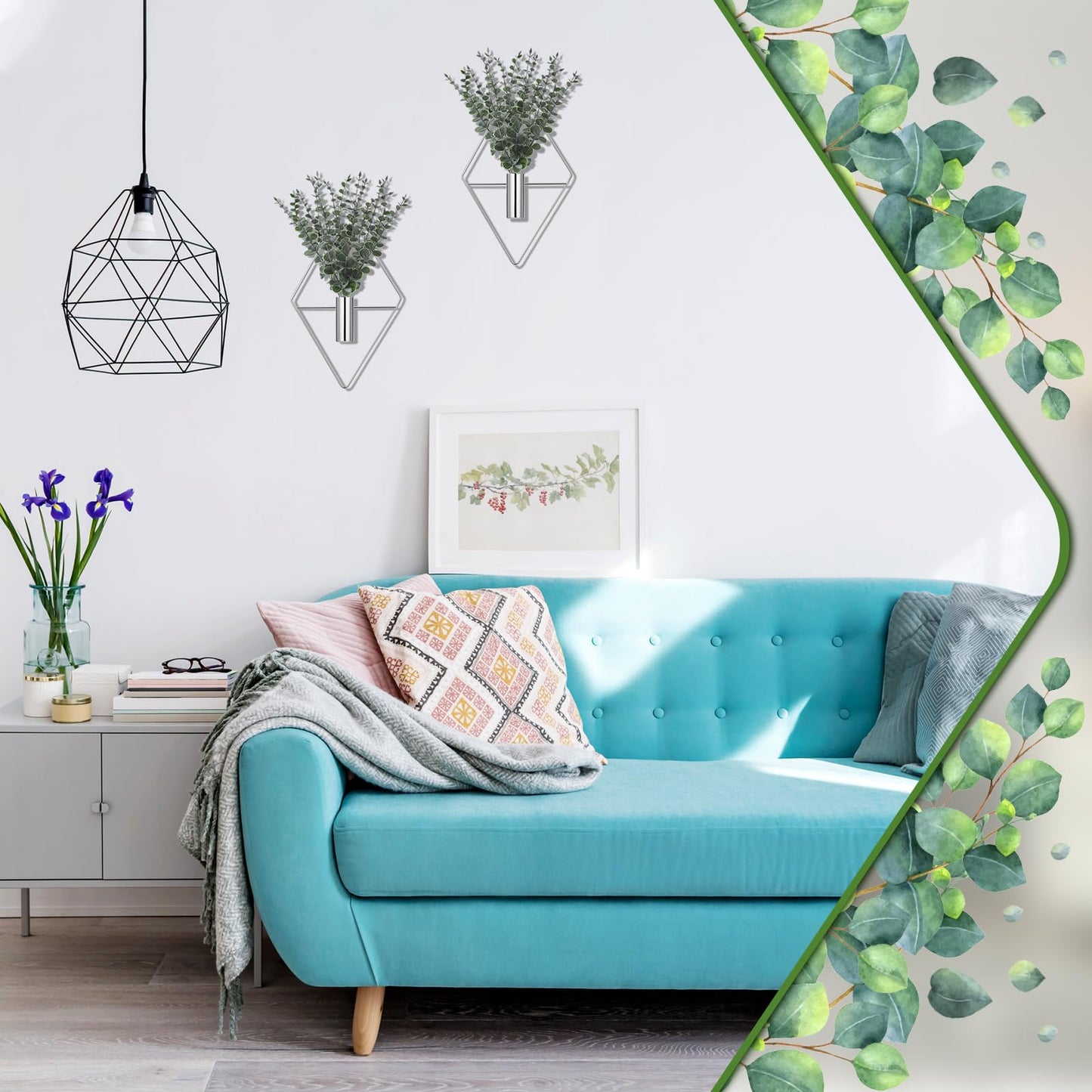 Jexine Hanging Planters with Artificial Eucalyptus Metal Hanging Vase Indoor Plants Holder Modern Geometric Boho Bathroom Wall Decor for Living Room Home Office(Chrome Sliver,4 Pcs)