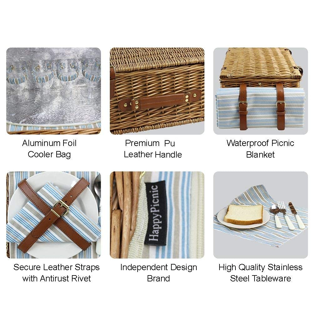 HappyPicnic Wicker Picnic Basket Set for 4 Persons | Large Willow Hamper with Large Insulated Cooler Compartment, Waterproof Blanket and Cutlery Service Kit-Classical Brown