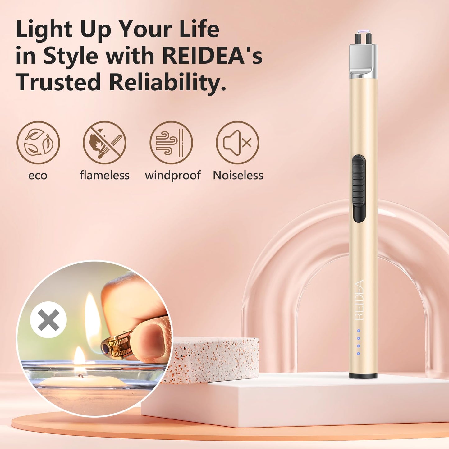REIDEA Lighter Electric for Candle S4 Pro USB Rechargeable Safety Lock with LED Battery Indicator Flameless Windproof Arc Plasma Lighter for Candle, Fireworks (Champagne Gold)