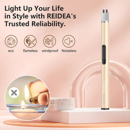 REIDEA Lighter Electric for Candle S4 Pro USB Rechargeable Safety Lock with LED Battery Indicator Flameless Windproof Arc Plasma Lighter for Candle, Fireworks (Champagne Gold)