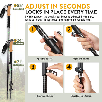 Hiker Hunger Carbon Fiber Trekking Poles | Collapsible Walking Sticks for Travel | Walking Poles for Women | Hiking Poles for Men | Hiking Sticks | Walking Stick - 3k Black & Green Cork
