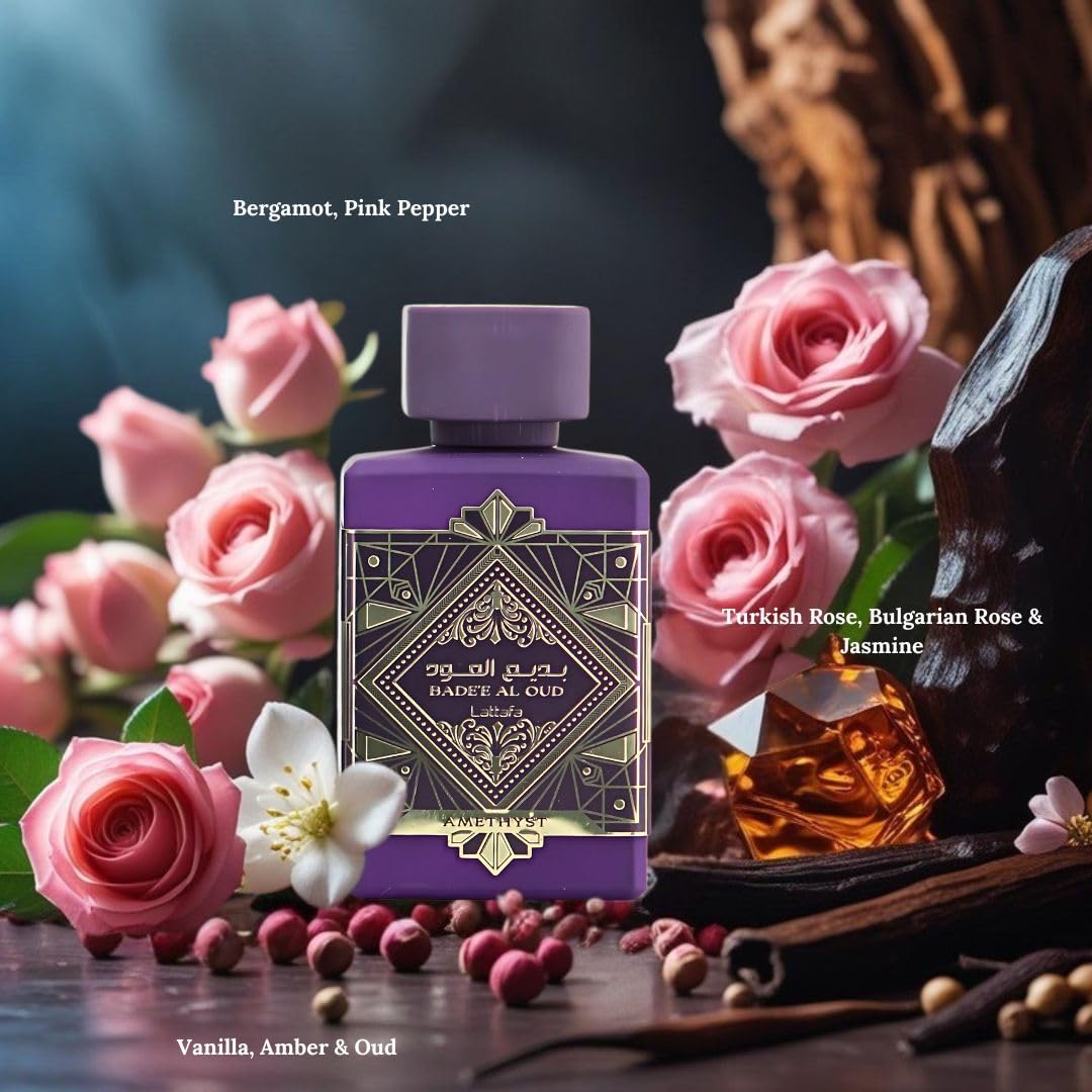 Lattafa Bade'e Al Oud Amethyst - Floral, Fruity, Amber, Oud - Eau de Parfum Long-Lasting Fragrance for Unisex, 3.40 Ounce / 100 ml