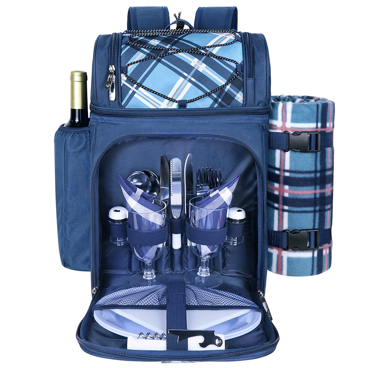 Hap Tim Picnic Basket Backpack for 2 Person with 2 Insulated Cooler Compartment, Wine Holder, Fleece Blanket, Cutlery Set, Gifts Ideals for Wedding, Housewarming, White Elephant, Bridal Showers